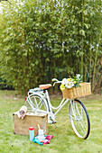 Bicycle and vintage picnic suitcase on a summer meadow