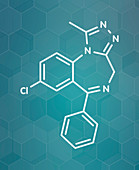Alprazolam sedative and hypnotic drug, molecular model