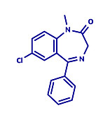 Diazepam sedative and hypnotic drug, molecular model