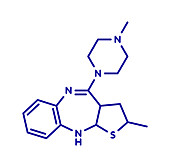 Olanzapine antipsychotic drug, molecular model