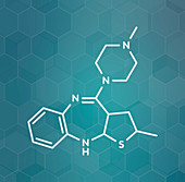 Olanzapine antipsychotic drug, molecular model