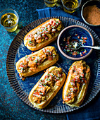 Cod dogs with tomato and dillrelish and harissa mayo