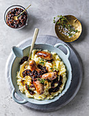 Pork sausages with mashed potatoes and chilli, thyme and balsamic onion relish
