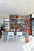 Bookcase used as partition wall in living area