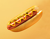Ein gedämpfter Hot Dog mit Senf und Relish vor farbigem Hintergrund