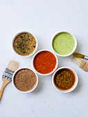 BBQ marinades - Chermoula, Wholegrain mustard, Asian chilli sauce, Spiced yogurt and Jerk sauce