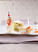 Wasabi-Schwertfisch-Sandwich, Jakobsmuschel in Möhren-Maracuja-Sauce & Garnelen in Aloe vera-Limetten-Creme