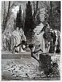 Vedius Pollio throwing a slave in lamprey pool, illustration