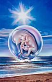 Human foetus over a sunlit seascape, conceptual illustration
