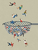 People falling through the net, illustration