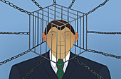 Businessman with head trapped inside cage, illustration