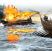 Greek fire being used in a naval battle, illustration