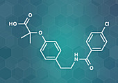 Bezafibrate hyperlipidemia drug molecule, illustration