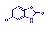 Chlorzoxazone muscle relaxant drug molecule, illustration