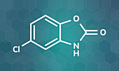 Chlorzoxazone muscle relaxant drug molecule, illustration