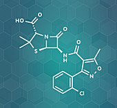 Cloxacillin antibiotic drug molecule, illustration