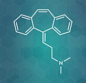 Cyclobenzaprine muscle spasm drug molecule, illustration