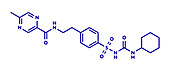 Glipizide diabetes drug molecule, illustration