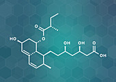 Pravastatin cholesterol lowering drug molecule, illustration