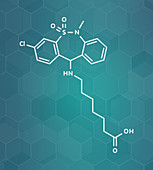 Tianeptine antidepressant drug molecule, illustration