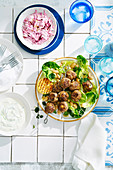 Greek Lamb Kofta white Beans and Beetroot Tzatziki