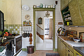 Wood-fired stove and gas cooker in old country-house kitchen decorated in green with vintage accessories