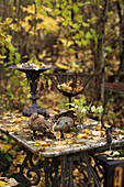 Rustic metal ornaments on old table in autumnal garden