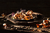 Fresh wild mushrooms on a ceramic plate in a wooden bowl
