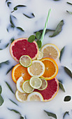 Colorful segments of orange lemon lime grapefruit decorated with green leafs and plastic tubes in white liquid