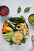 Various types of hummus served with fresh vegetables and pita bread