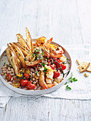 Prawns with Tomatoes white Beans and olive Croutons