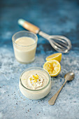 Vegan mayonnaise made from soy milk and lemon with pepper