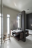 Modern washstand with countertop sink against partition in bathroom