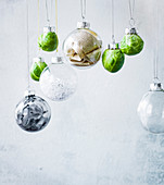 Christmas baubles and brussels sprouts as Christmas decorations