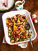 Roasted vegetables with cocktail sausages