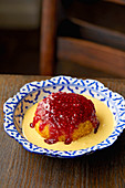 Steamed sponge with custard and raspberry jam