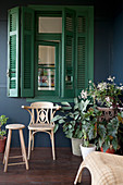 Potted plants, stool and wooden chair below window with green shutters on roofed veranda