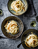 Spaghetti with cauliflower carbonara and pine_nuts
