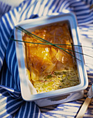 Leek terrine with a filo pastry topping and chives