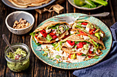 crepes with chicken, baked pepper and guacamole