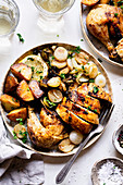 Roast Chicken with Grilled Brussels Sprouts, Chanterelles and Roasted Potatoes
