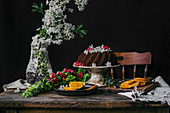 Schokoladen-Kranzkuchen dekoriert mit Obstblüten auf Holztisch