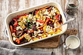 Veggies (potaoes, beetroots, carrot, pepper) baked with feta