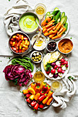 Assorted Raw Vegetable Appetizer Platter with three dips