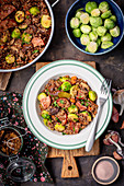Buckwheat with sausage, brussel sprouts and mushrooms