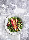 Beetroot-cured salmon with green apples and salad