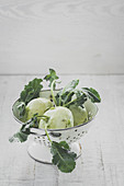 Kohlrabi with leaves in a strainer