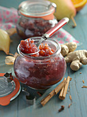 Homemade pear chutney with ginger and cinnamon in a mason jar