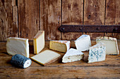 Different types of cheese on a wooden background