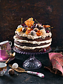 Chocolate cake deluxe with chocolat emousse, truffles, cherries and butterscotch